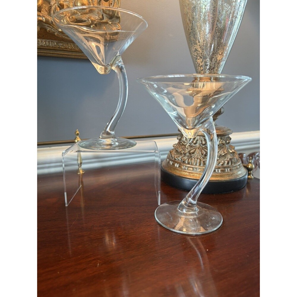 2 Vintage Libbey Bravura Swerve Curved Offset Stem Martini Glasses Excellent